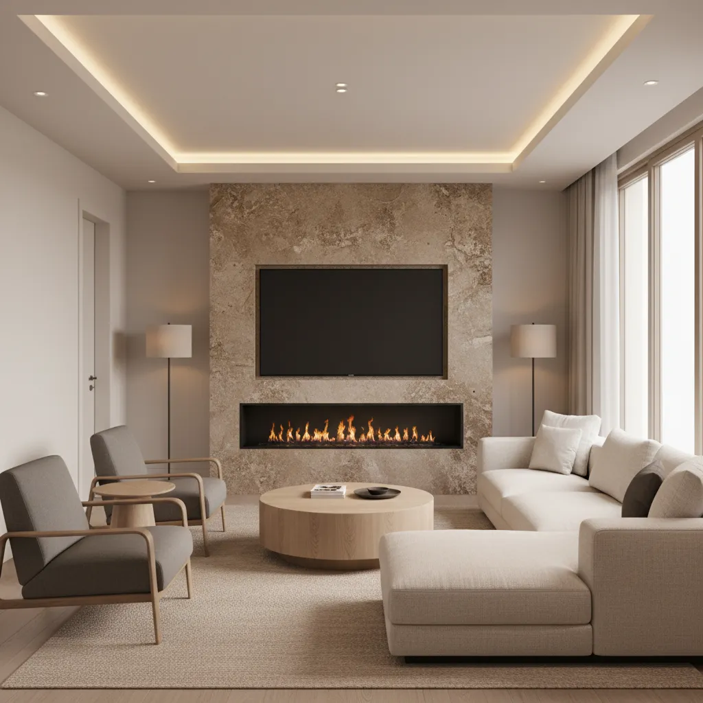 compact built in gas fireplace heating a small modern living room