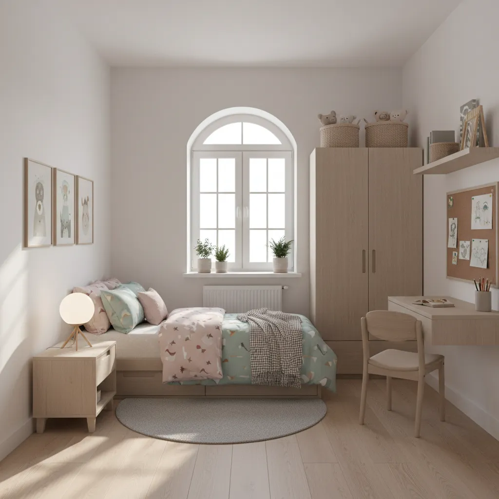Small girls bedroom layout showing compact furniture arrangement