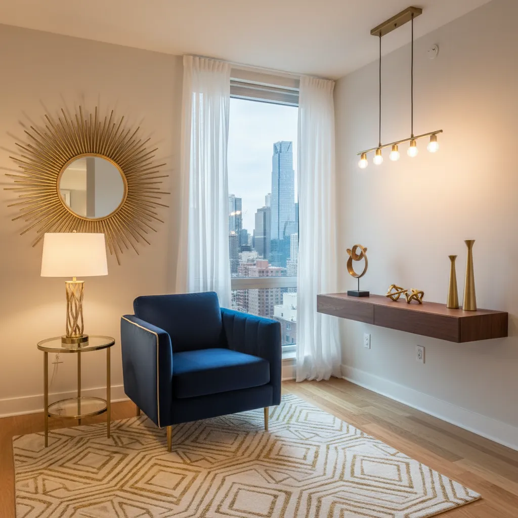 Pequeño apartamento con decoración glam elegante