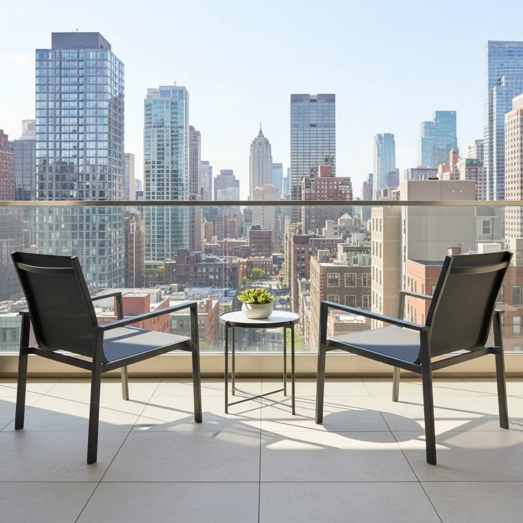 small apartment balcony with glass railing and minimalist seating