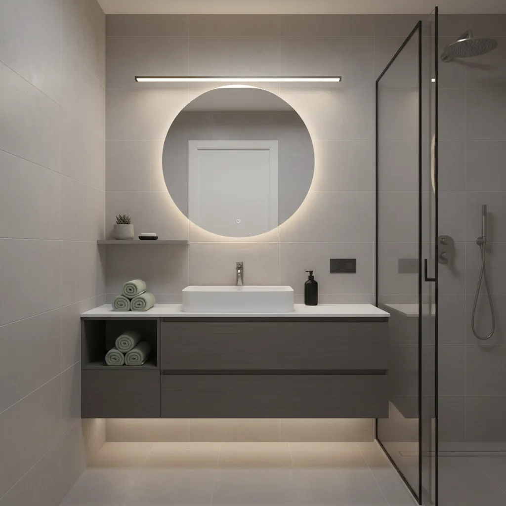 Compact gray bathroom with subtle accent colors in towels and decor