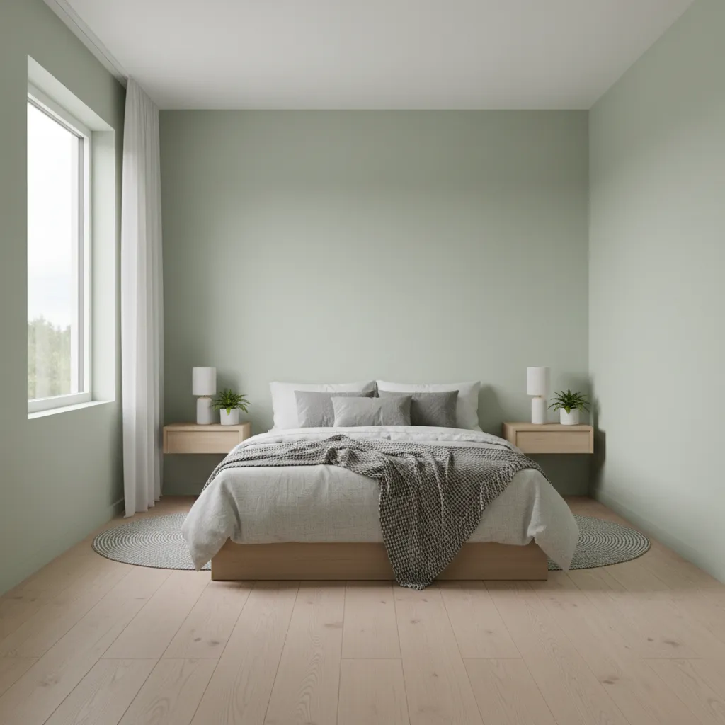 Compact bedroom with light green walls and minimalist furniture layout