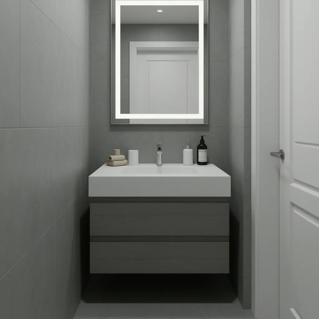 Compact grey bathroom with minimalist accessories and clean vanity area