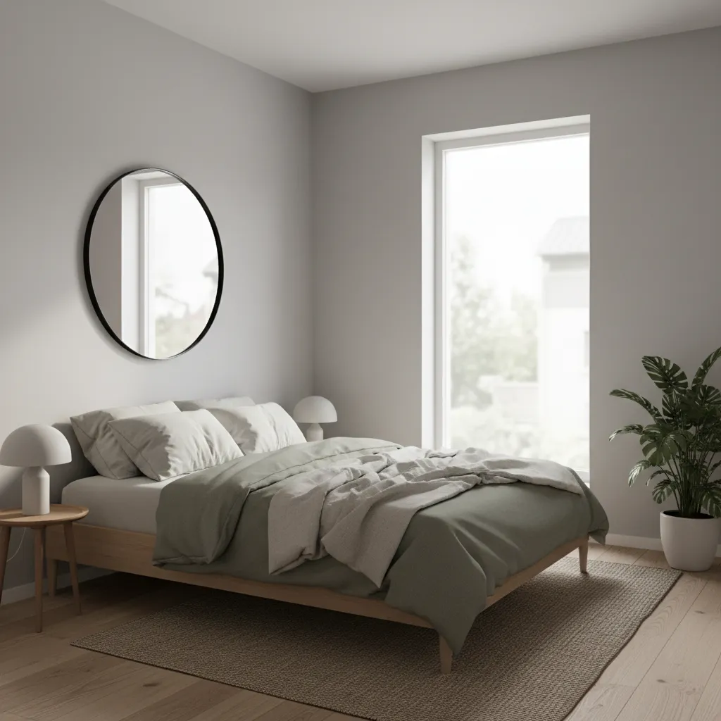 Small bedroom with light grey walls mirror and minimal furniture layout