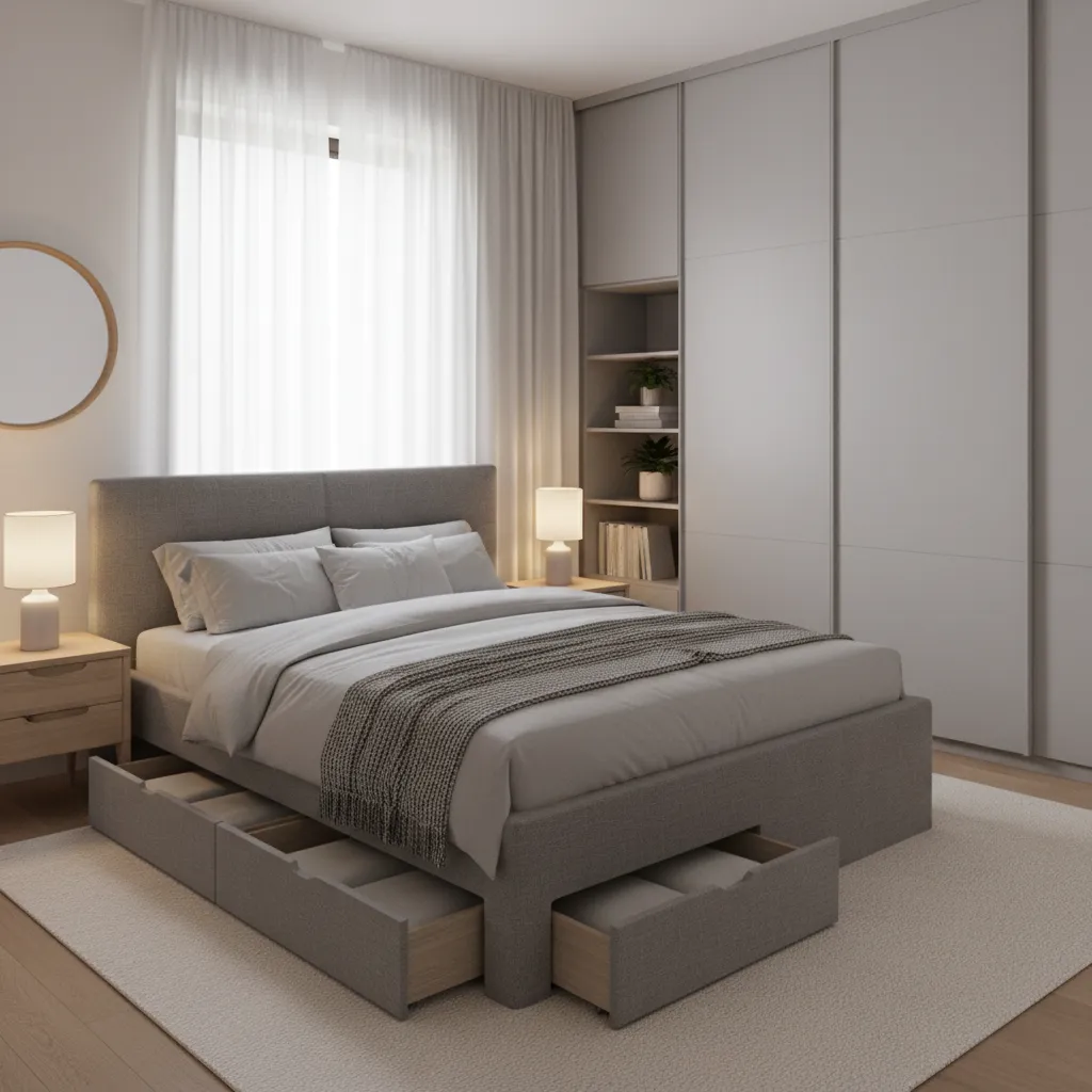 Grey bedroom with under bed storage and compact furniture