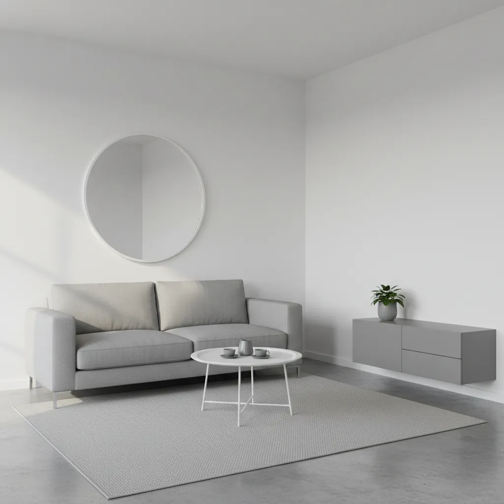 small grey and white living room with sofa and mirror making space feel larger
