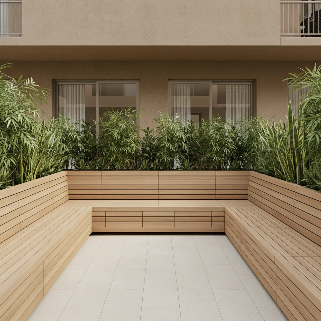 Small ground floor balcony with built in bench seating and planter privacy wall