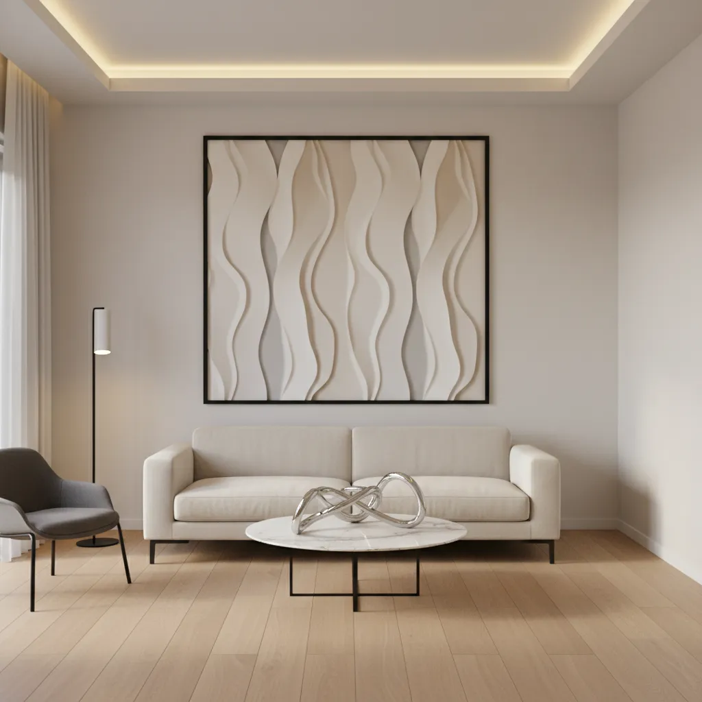 Small modern hall using a framed 3D wallpaper accent panel