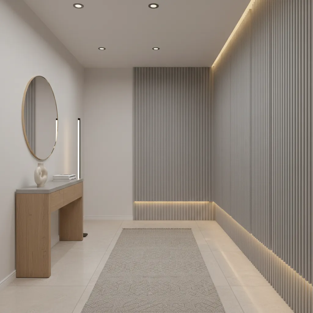 Small hall interior with vertical textured wallpaper and minimal furniture