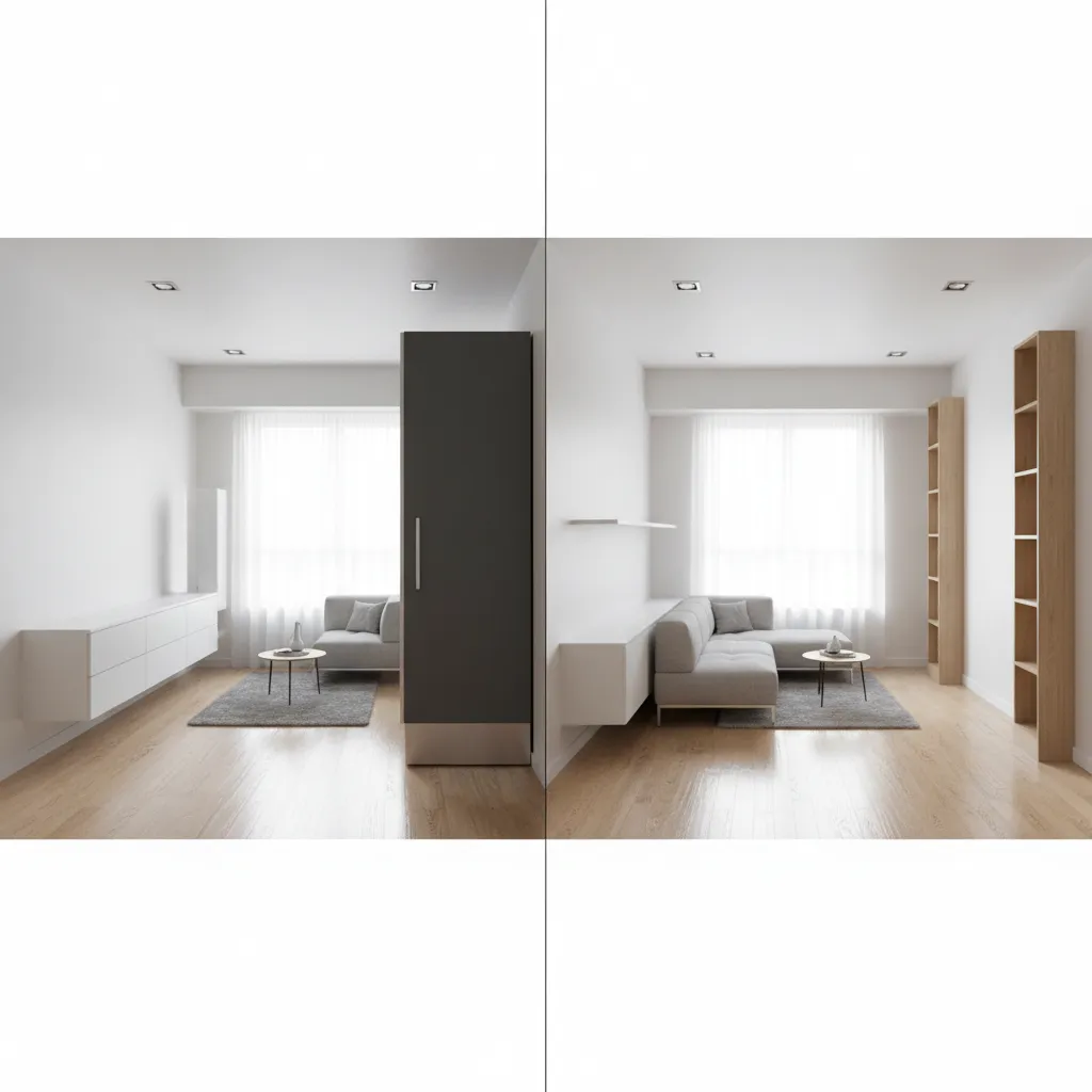 Layout comparison showing wall mounted versus floor standing hall almirah in a small room