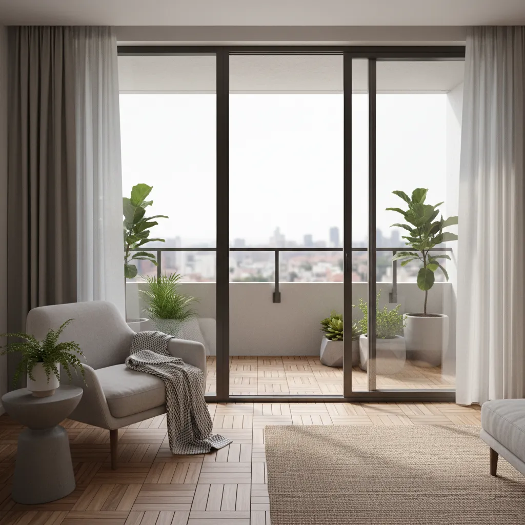 compact apartment balcony connected to living room with simple seating and plants