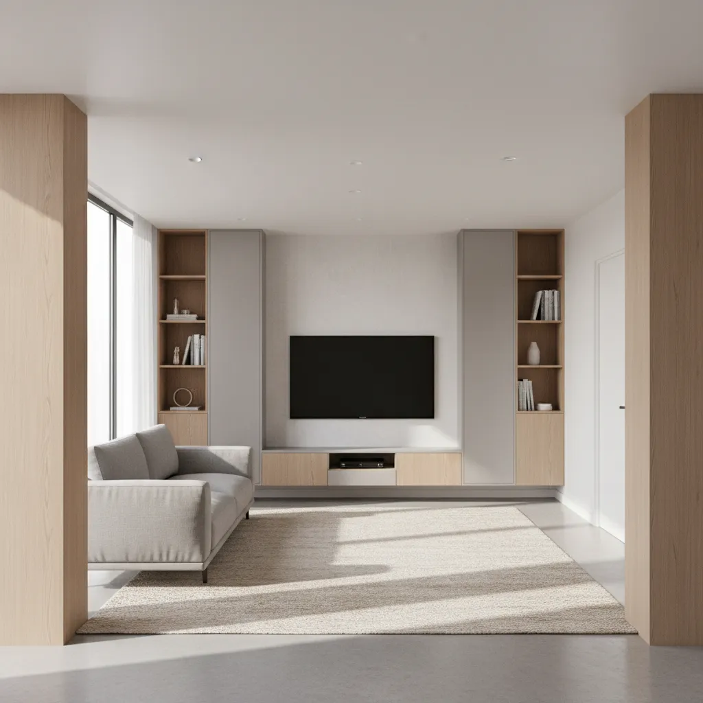 Small residential hall showing pillars integrated into walls and furniture layout