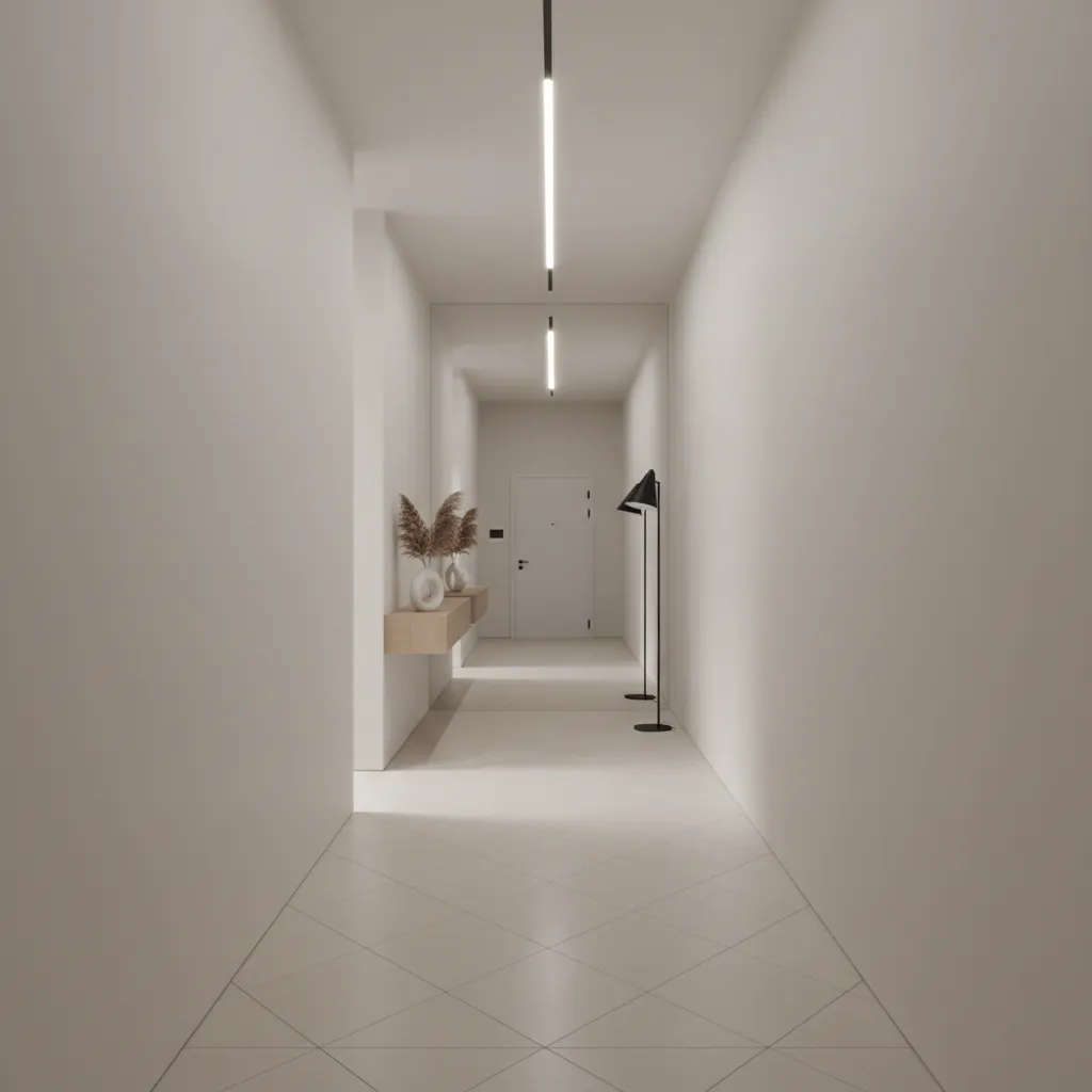 small hall with light neutral porcelain floor tiles