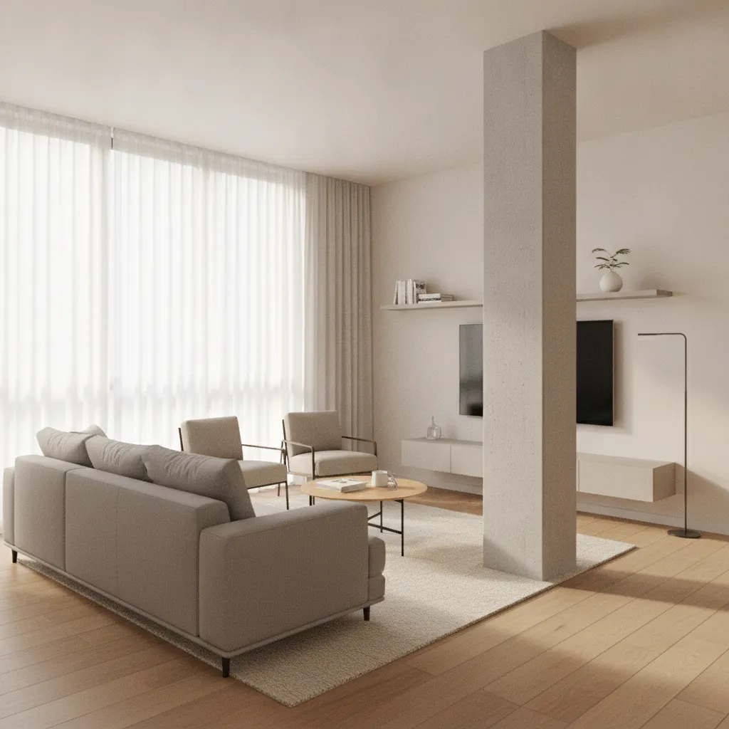 small living room with central structural pillar in apartment layout