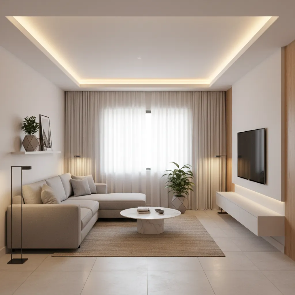 small living hall with simple POP tray ceiling and LED strip lighting
