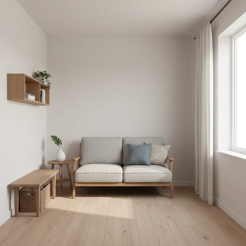Small hall room with light colored walls and compact furniture layout