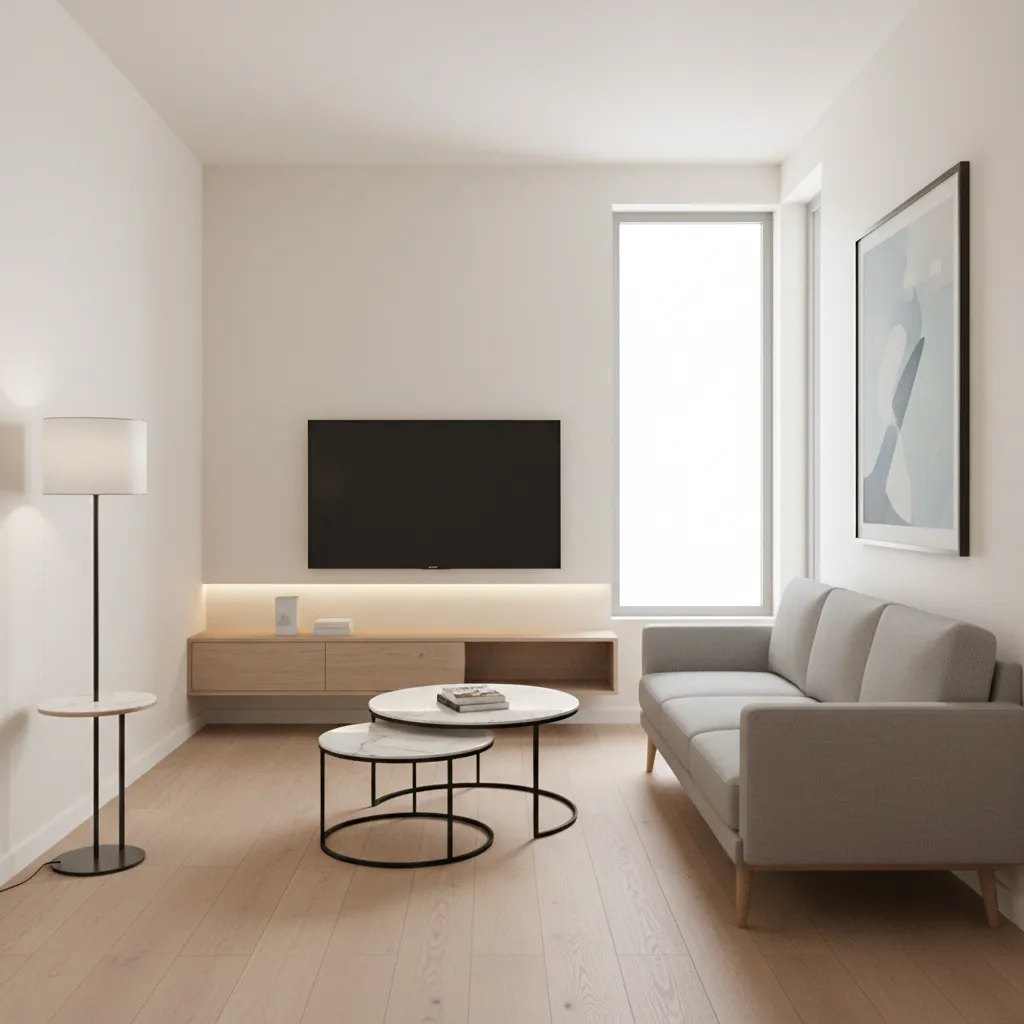 Smart furniture layout in a small hall with slim sofa and nesting tables