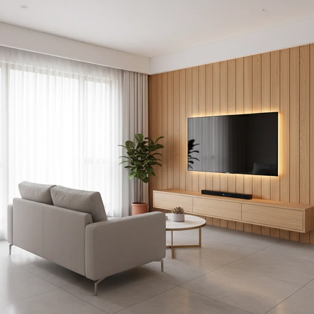 Small living hall with compact floating TV unit and light colored wall panels