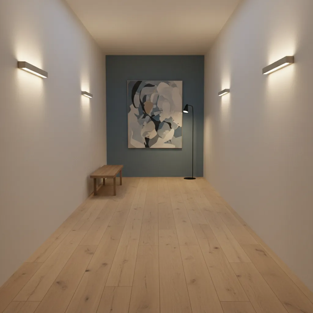 small hallway with darker accent wall at the end creating visual depth