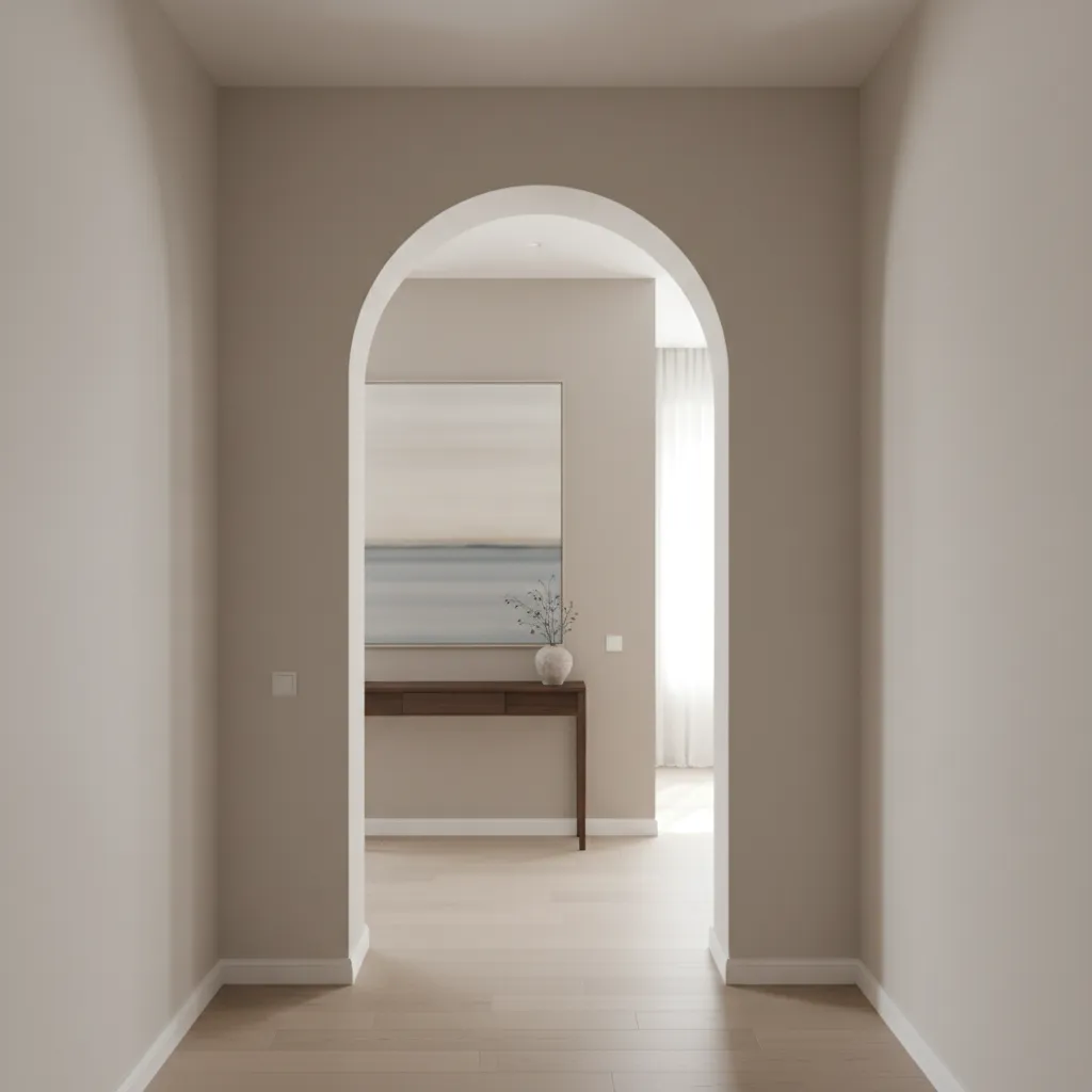 compact hallway with soft white plaster arch and natural light