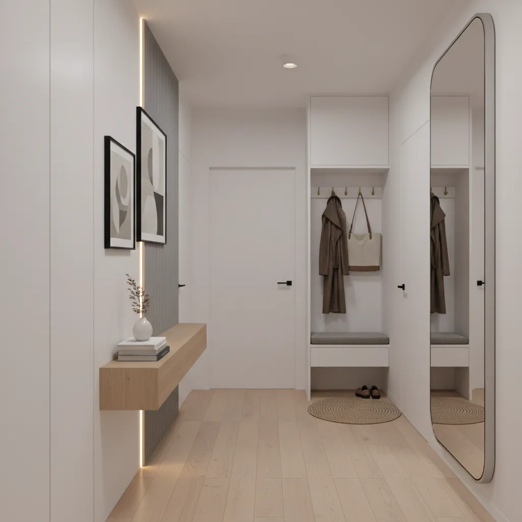 Example of a narrow hallway layout with functional wall zones