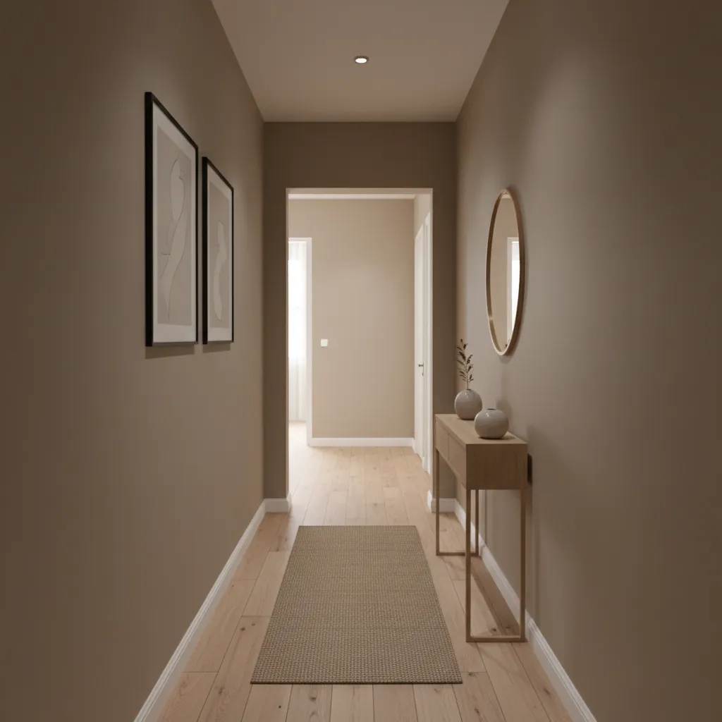 small hallway painted in warm neutral color with soft lighting