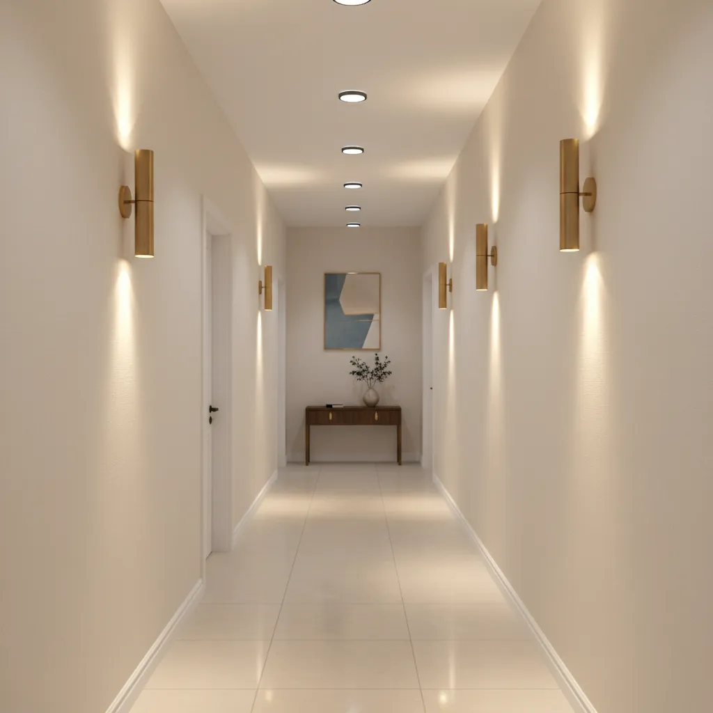 Bright small apartment hallway with layered lighting and neutral decor