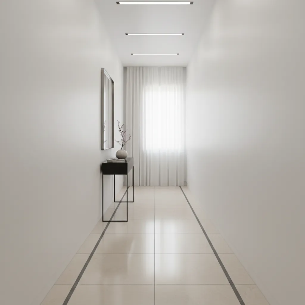 Small apartment hallway with light tiles and thin dark border framing the walkway