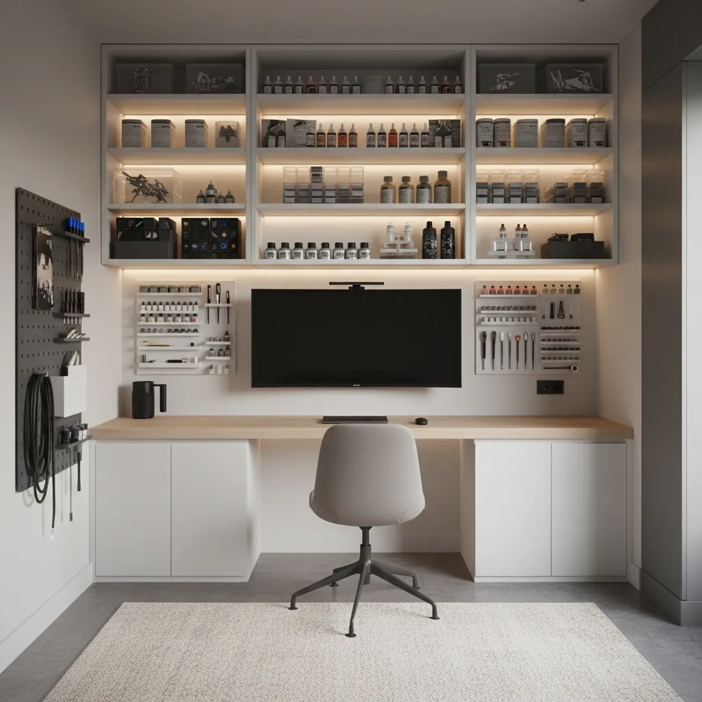 compact hobby room with wall mounted screen floating desk and efficient storage