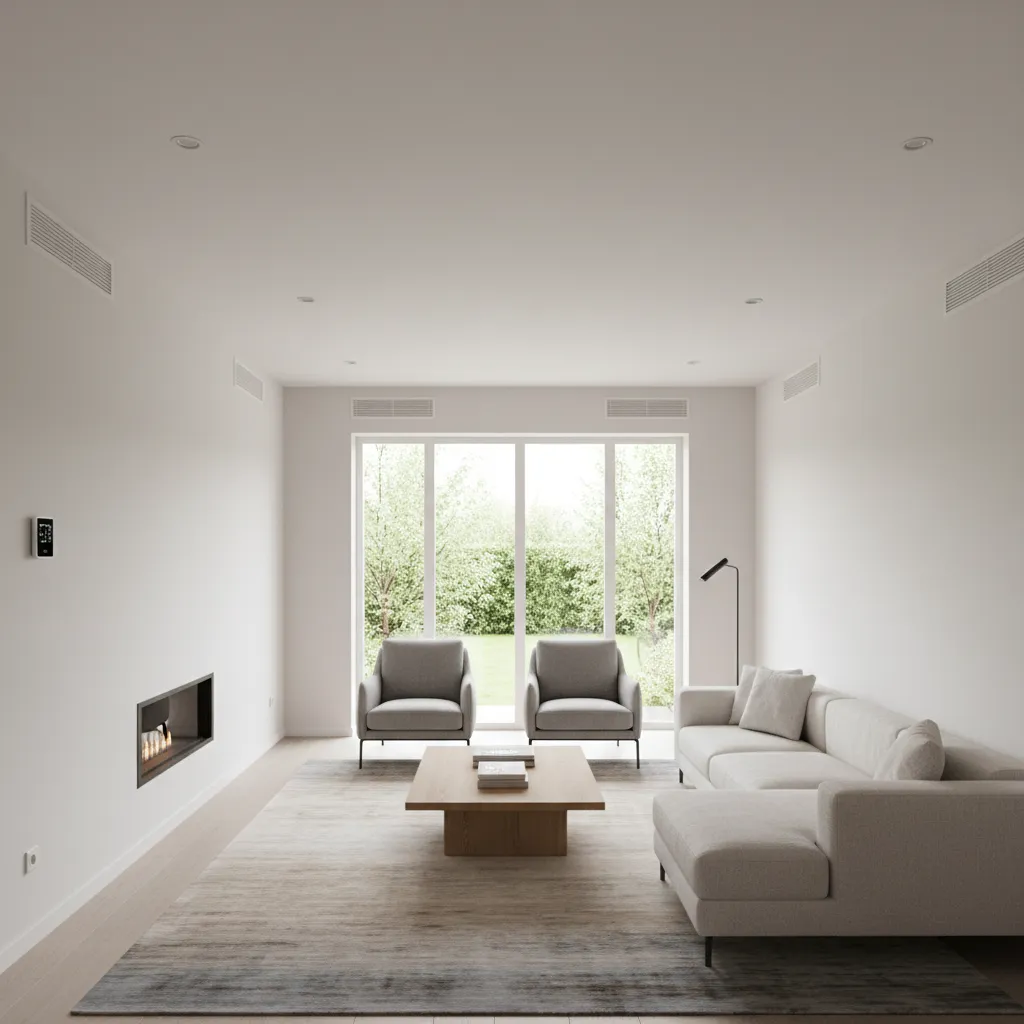 Modern 972 sq ft home living room with wall air vents and thermostat