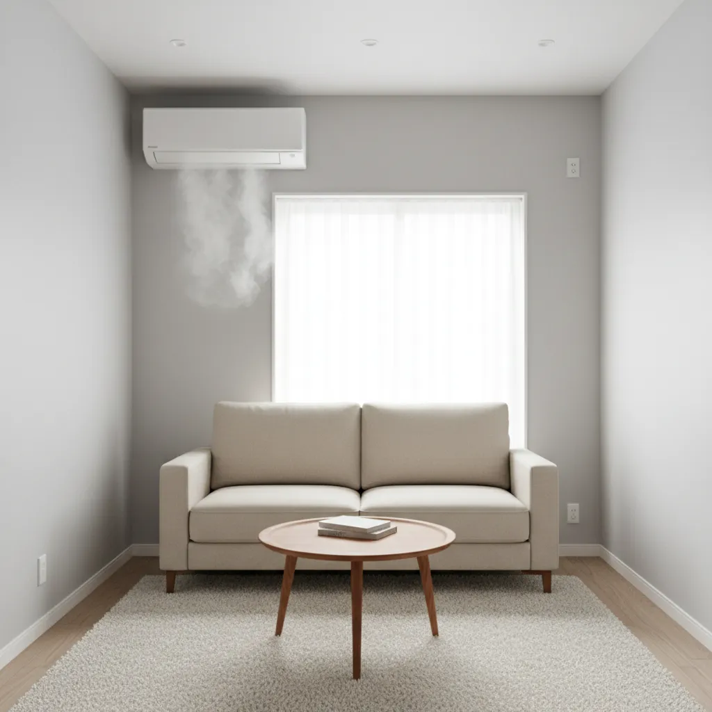 Air conditioner cooling a compact living room in a small house