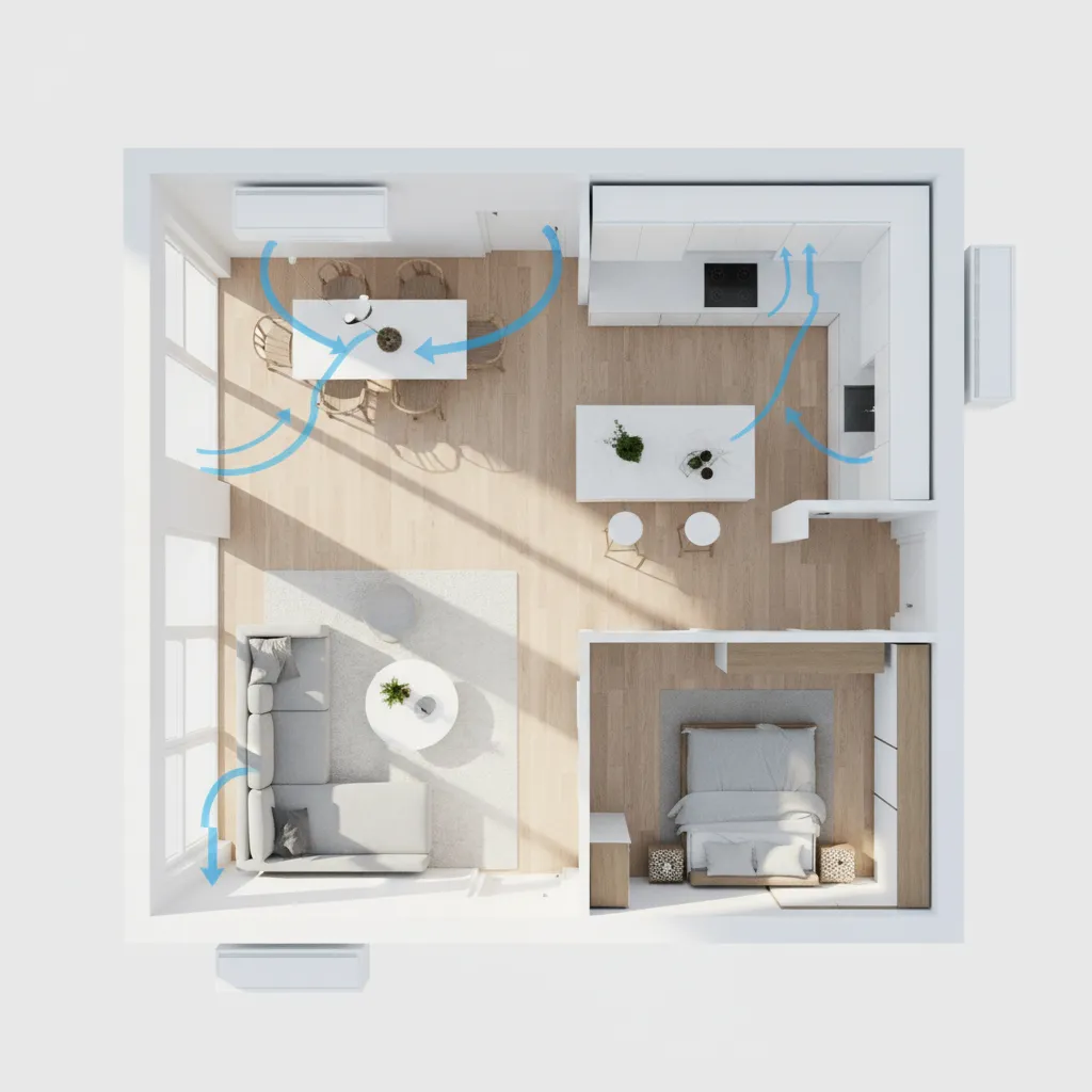 small home interior layout showing airflow circulation for cooling