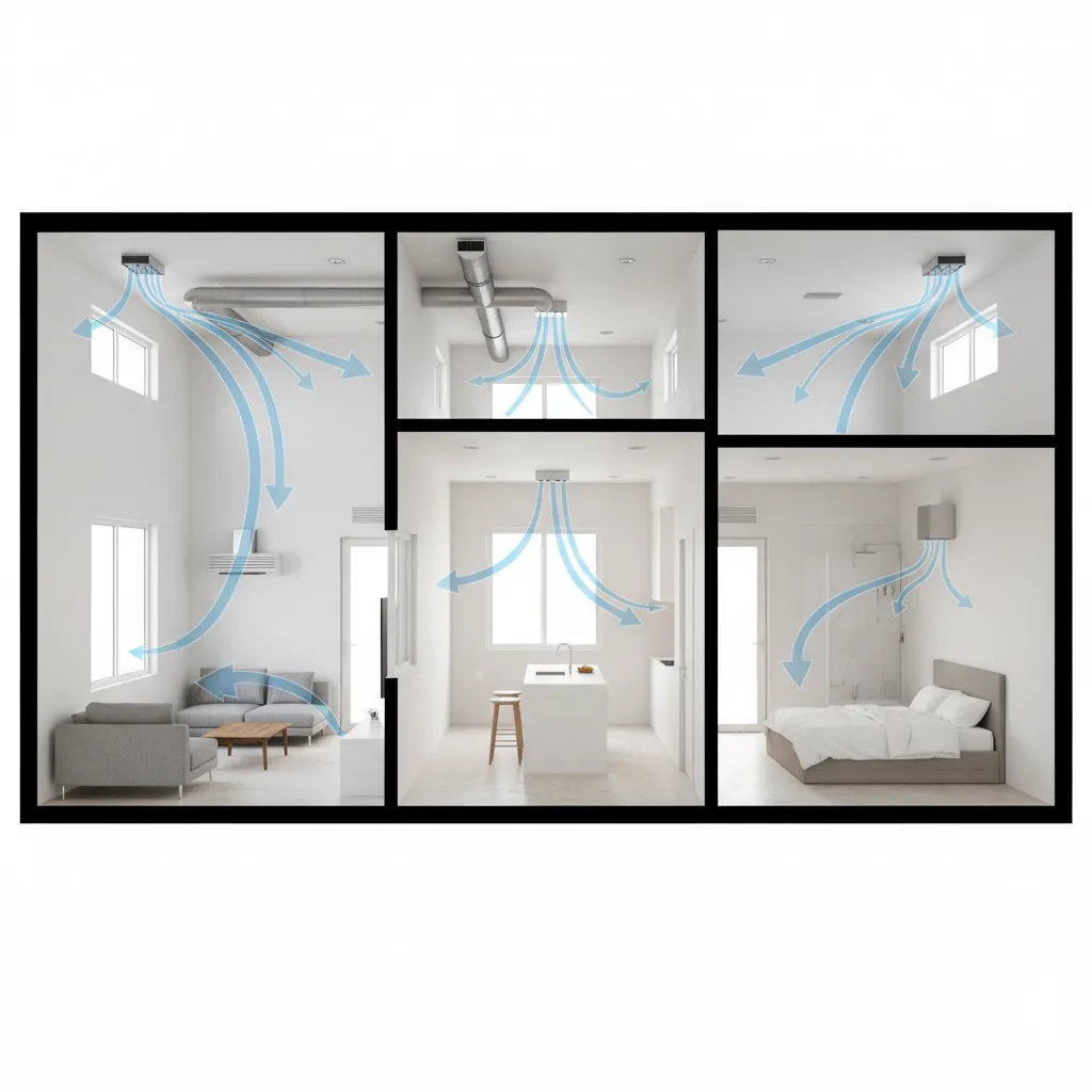 diagram style interior showing airflow paths in a small house layout
