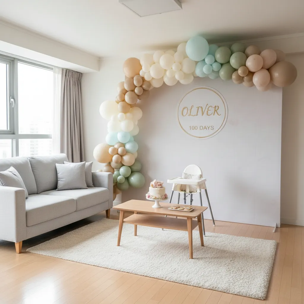 Baby 100 days decorated backdrop with balloons and baby name sign in a small apartment