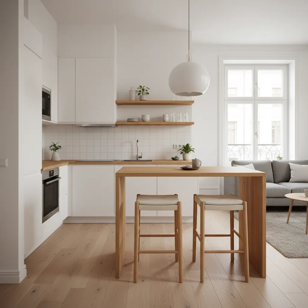 Pequeña barra de bar integrada entre cocina y salón