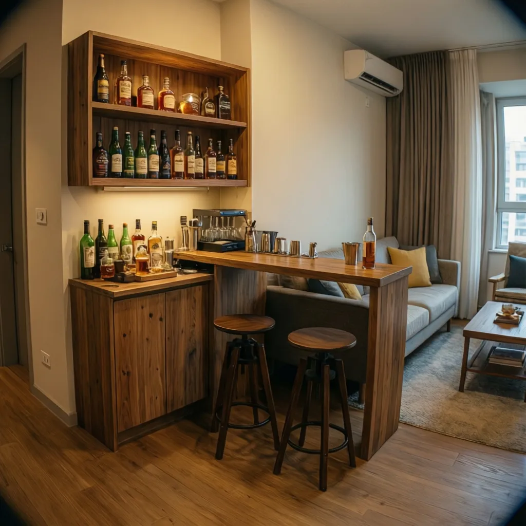 Pequeño bar en casa instalado en un rincón del salón