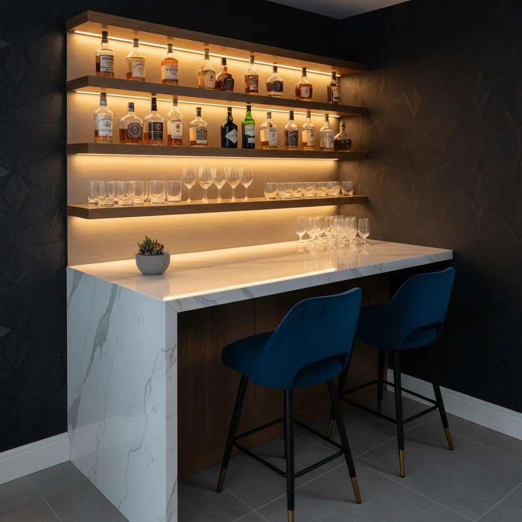 Iluminación cálida destacando un pequeño bar en casa