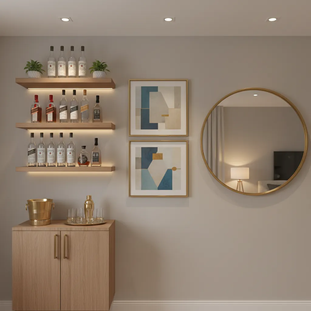 Wall Shelves Art or Mirrors for Small Home Bar Walls