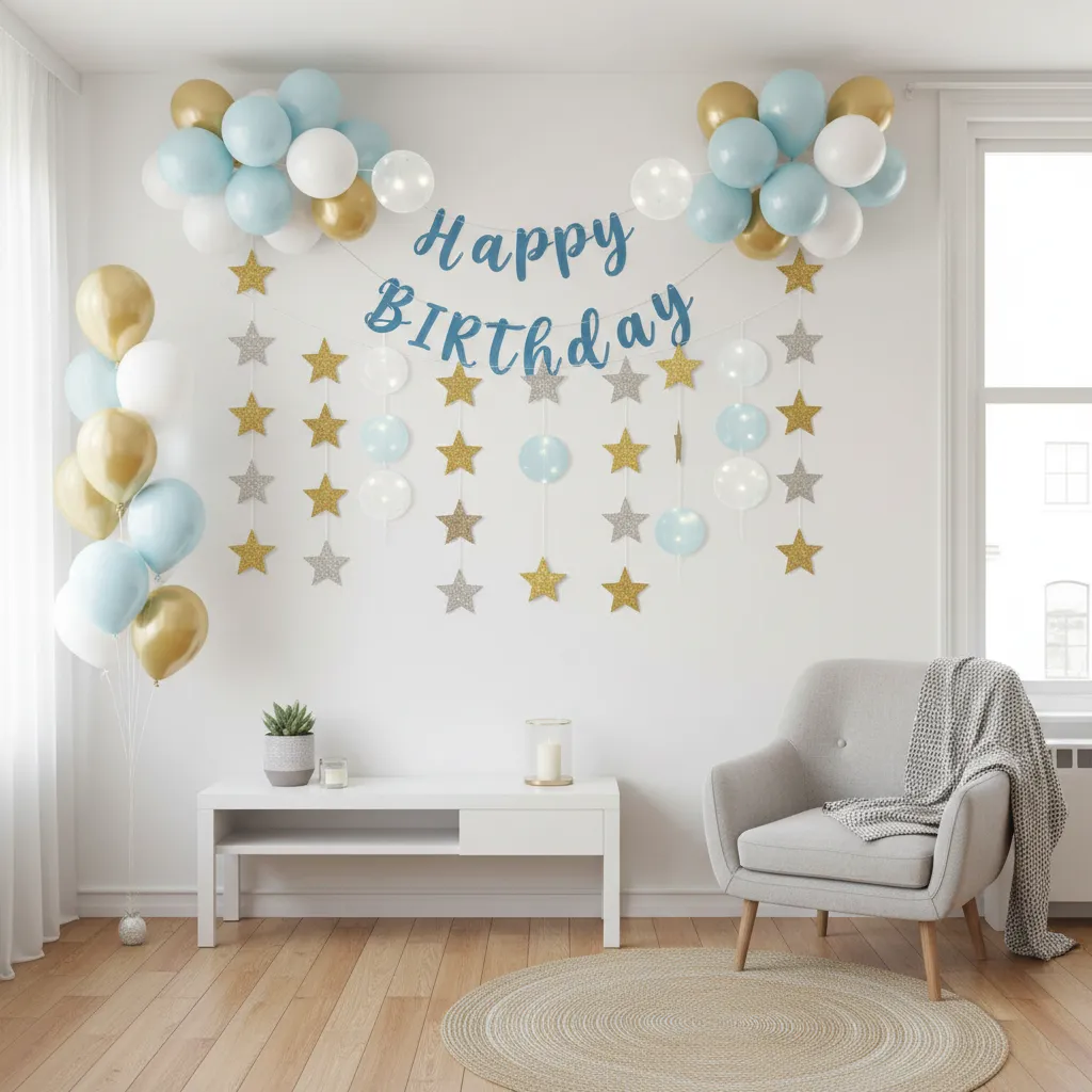 small apartment wall decorated with balloons banner and stars for baby birthday