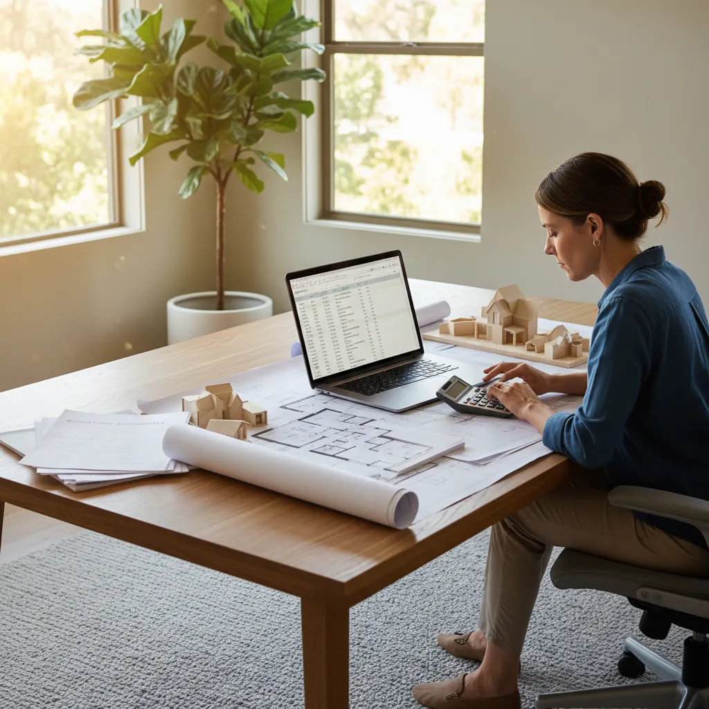 Woman uses calculator and laptop while reviewing house floor plans and small wooden house models