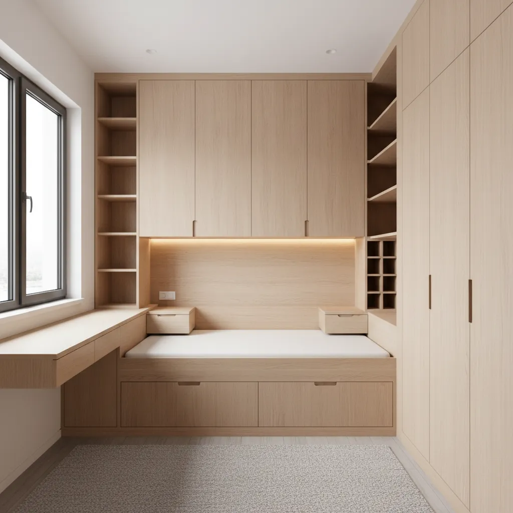 Built in storage solutions in a compact bedroom and hallway