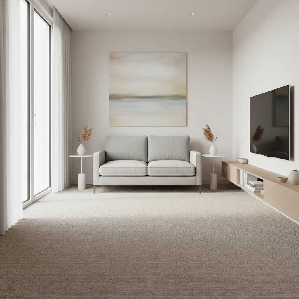small home living room with newly installed soft carpet