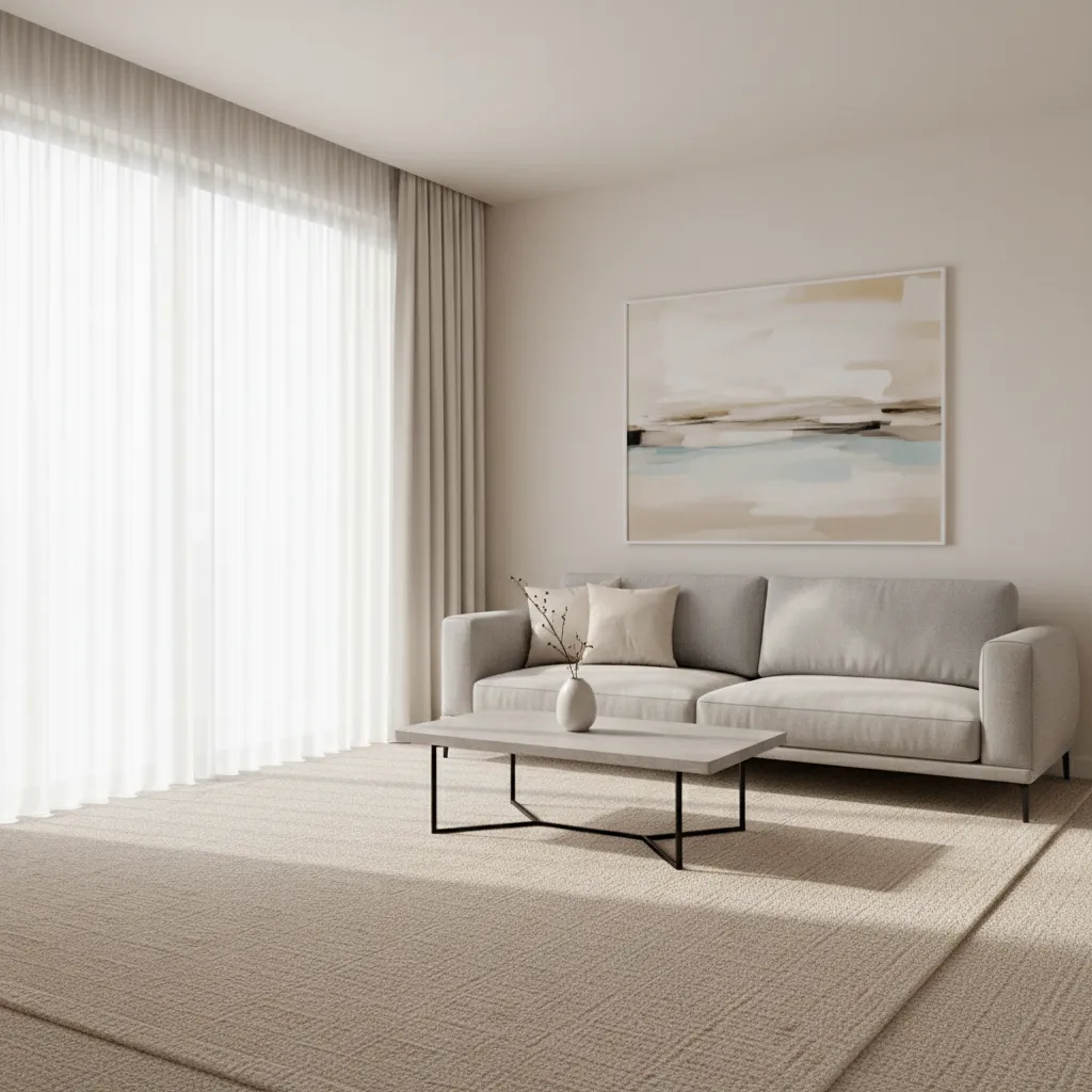 modern small house living room with newly installed carpet flooring