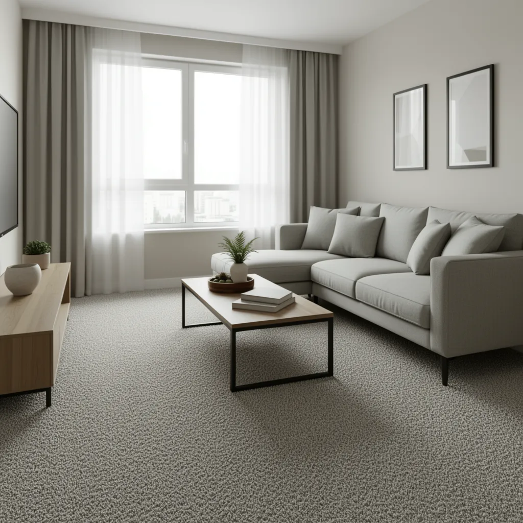 Small residential living room with wall to wall carpet flooring