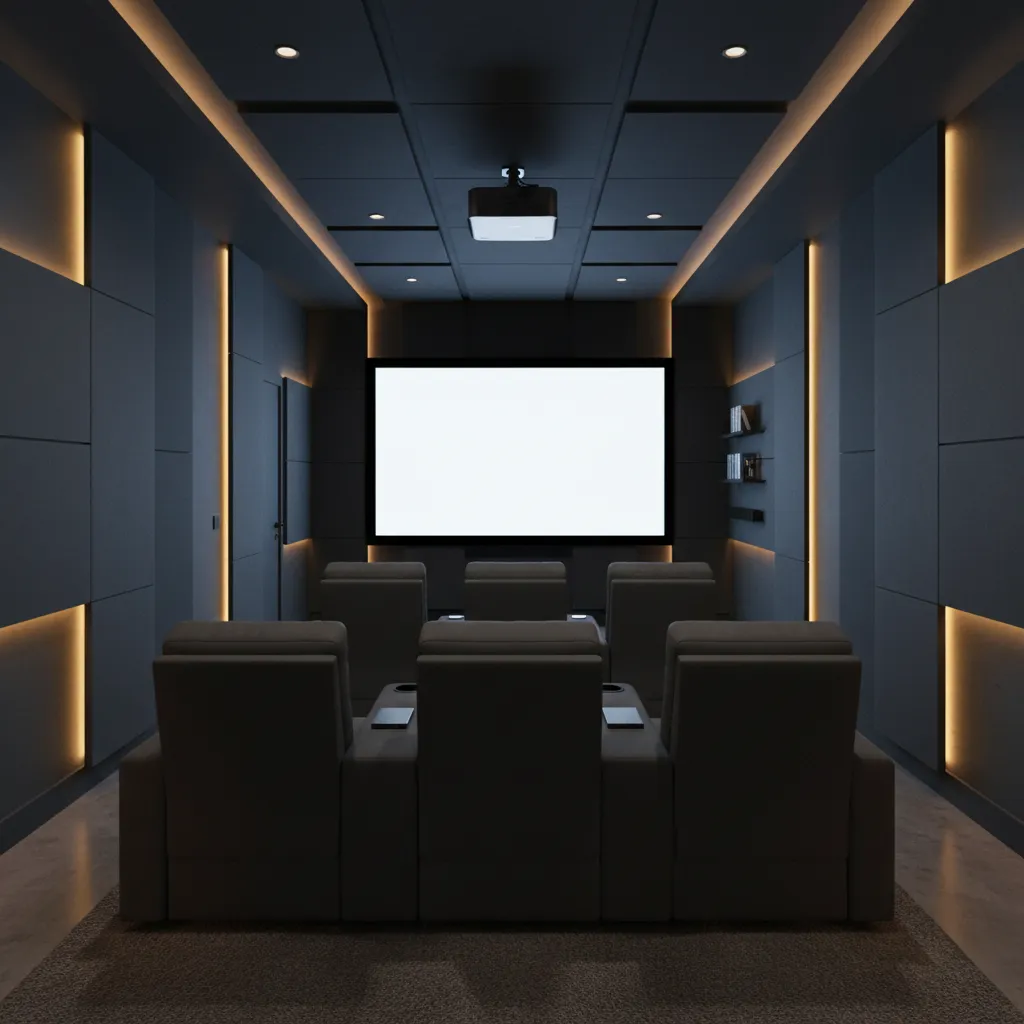 Pequeña sala de cine en casa con dos filas de asientos y proyector
