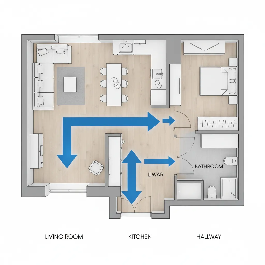 Visualization of circulation flow paths in a compact house floor plan