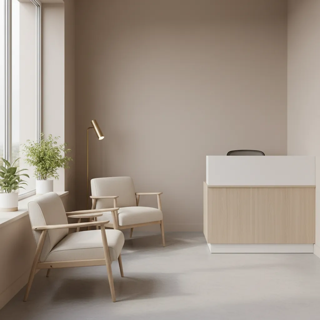 Modern home clinic waiting area with white desk, two chairs, lamp, and plants by window