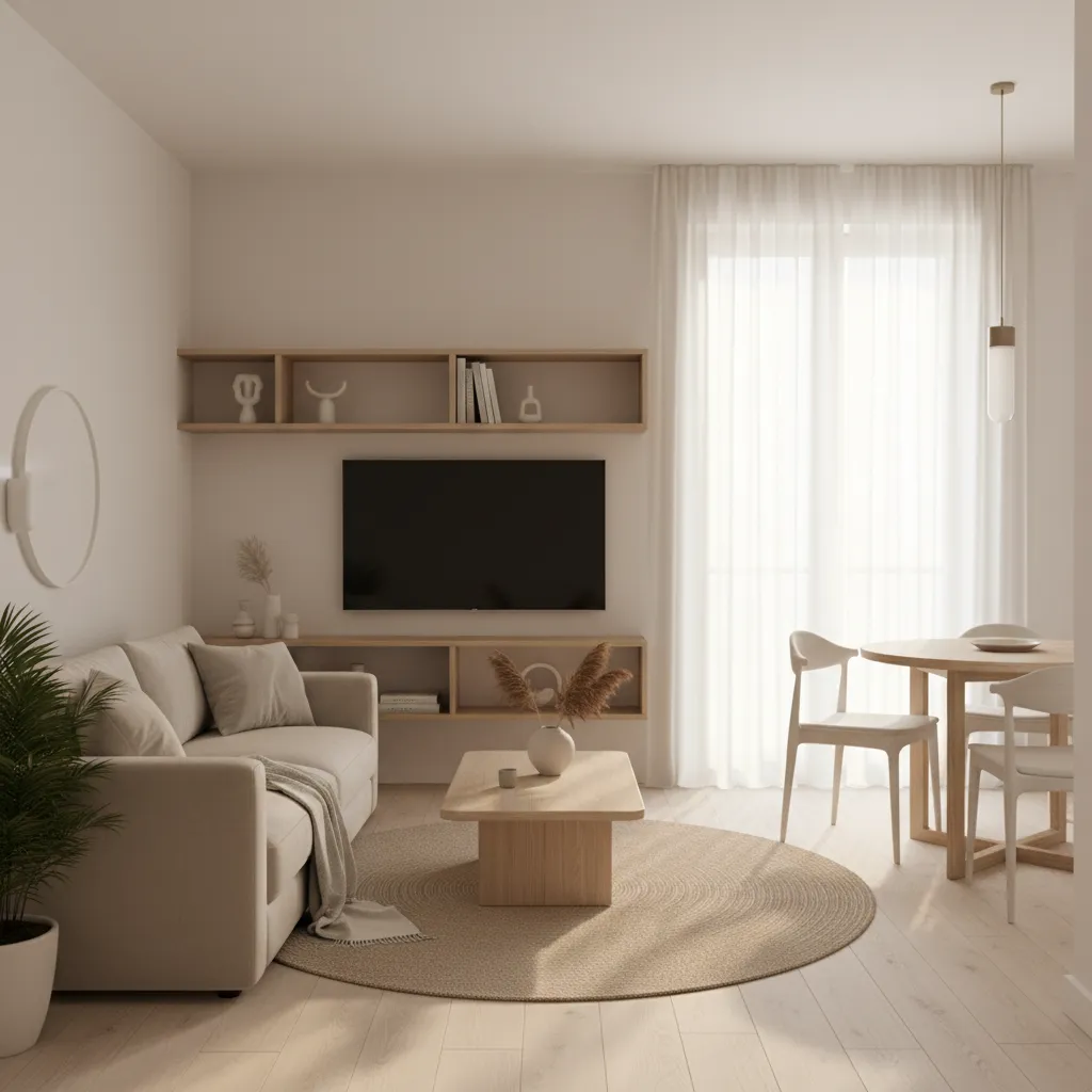Interior moderno pequeño con paleta de colores claros y madera