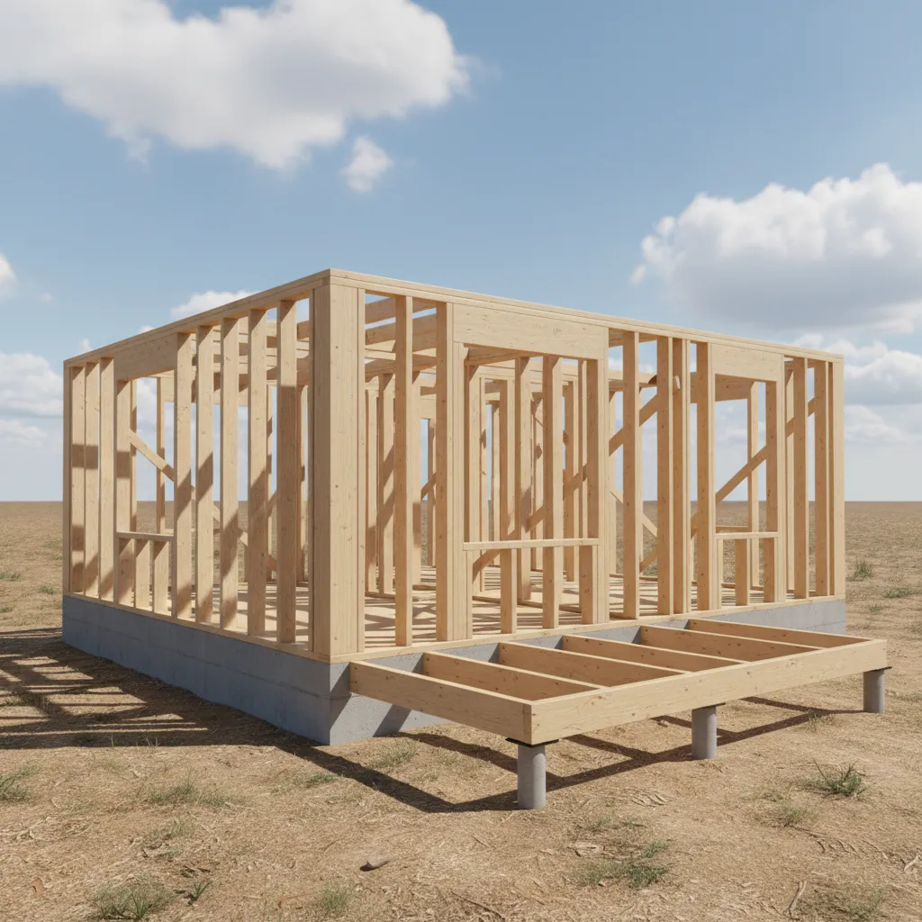 Wood framing structure of a small house under construction