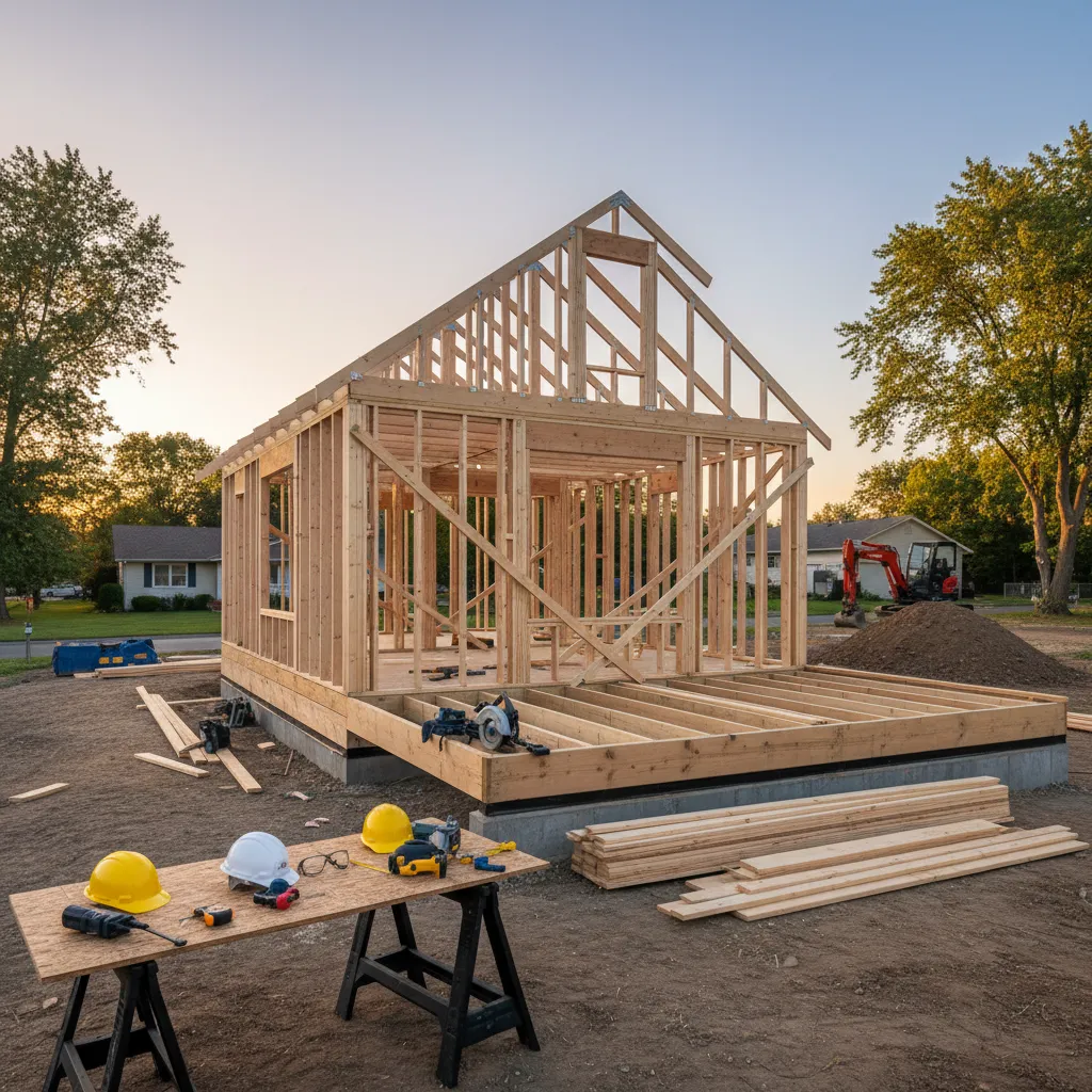 small residential house under construction showing wood framing structure
